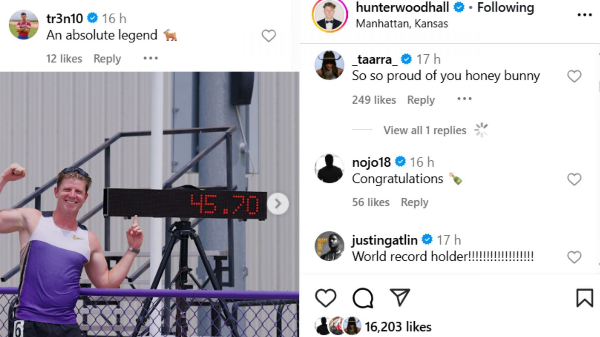 Screenshot of comments (IG/@hunterwoodhall)